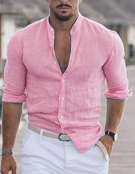 Men's Long Sleeve Shirt With Button Casual Solid Color Tops For Spring Autumn