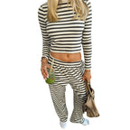 Round Neck Striped Long Sleeve Straight-leg Trousers Suit Women