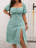 Elegant Plus Size Floral Midi Dress with Tie Waist and Side Slit - Off-Shoulder, Short Sleeve, A-Line Silhouette for Summer, Plus Size