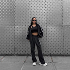 Women's Casual Hooded Jacket Loose Color-block Striped Pants Two-piece Set