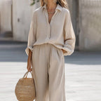 Women's Casual Lapel Long-sleeve Shirt And Trousers Set