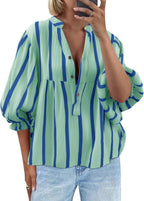 Women's Striped Puff Sleeve Pullover Top | Loose Fit Casual Shirt