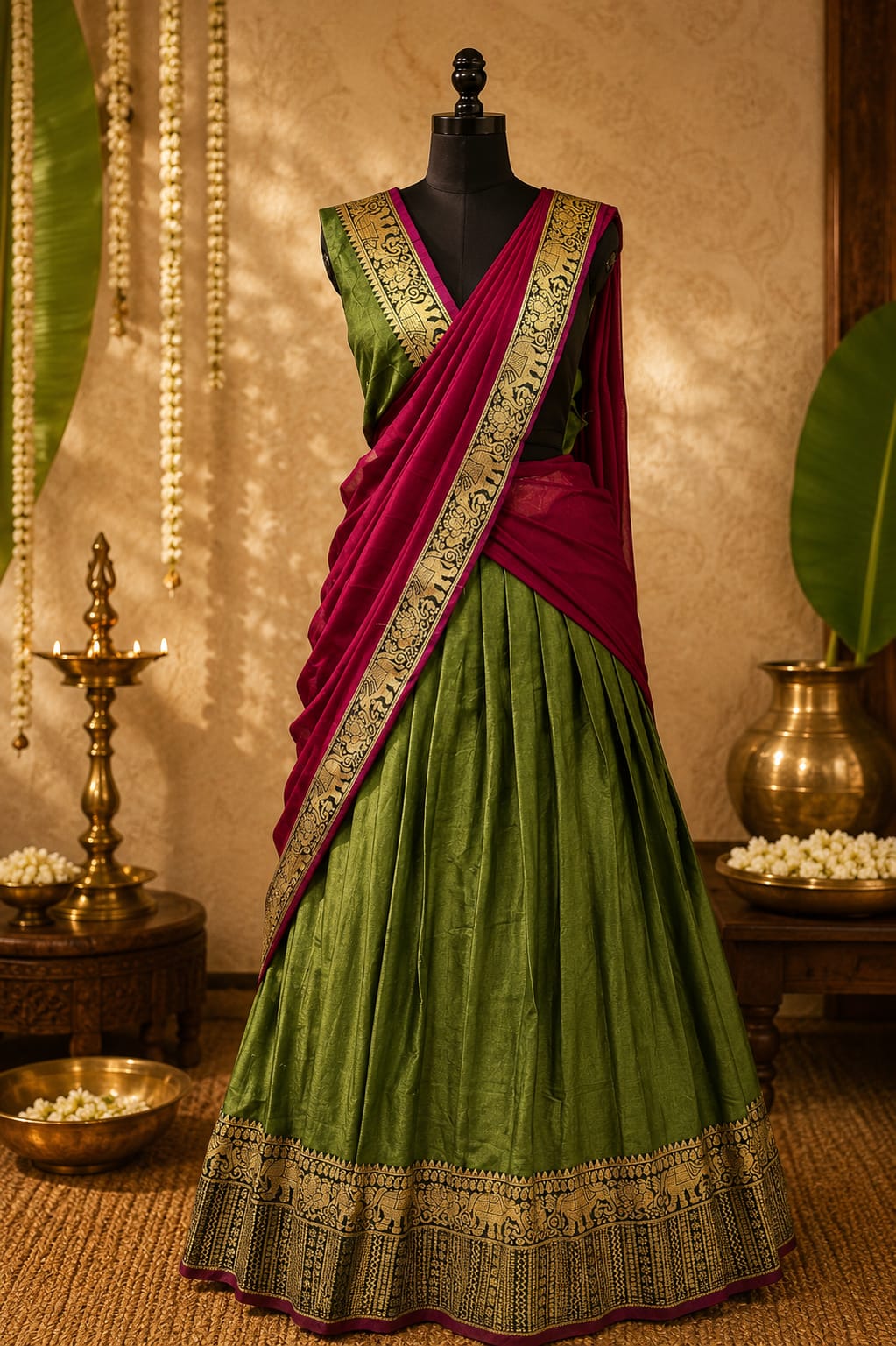 Olive Green Silk Half Saree Lehenga Set | Crimson Dupatta | Gold Zari Elephant Border | Unstitched Blouse | One Size