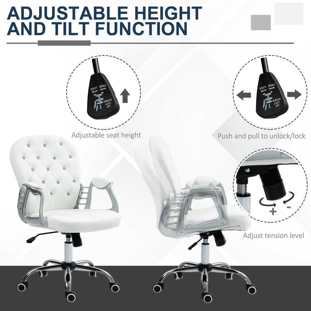 Vinsetto Office Chair Ergonomic 360\'c2\'b0 Swivel PU Diamante Padded Base 5 Castor Wheels for Home Work White