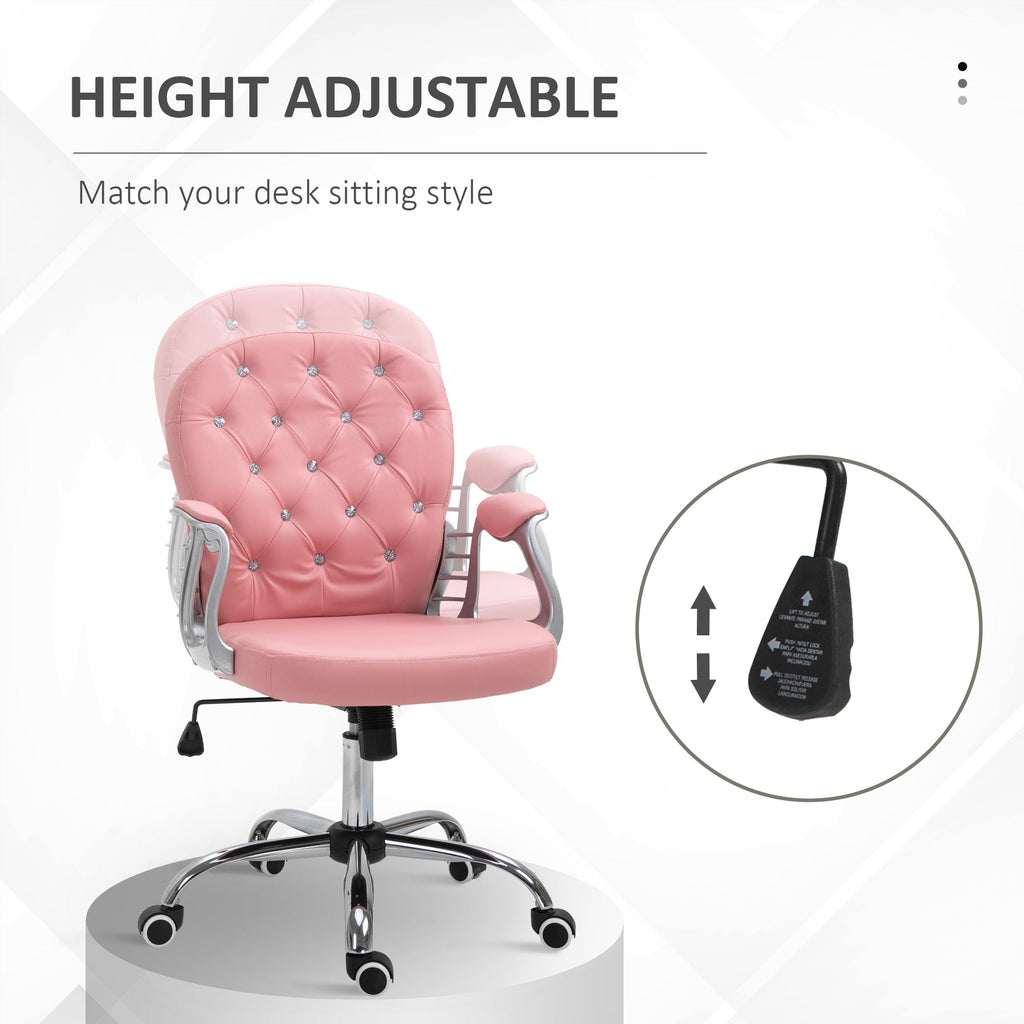 Vinsetto Office Chair Ergonomic 360\'c2\'b0 Swivel PU Diamante Padded Base 5 Castor Wheels for Home Work Pink