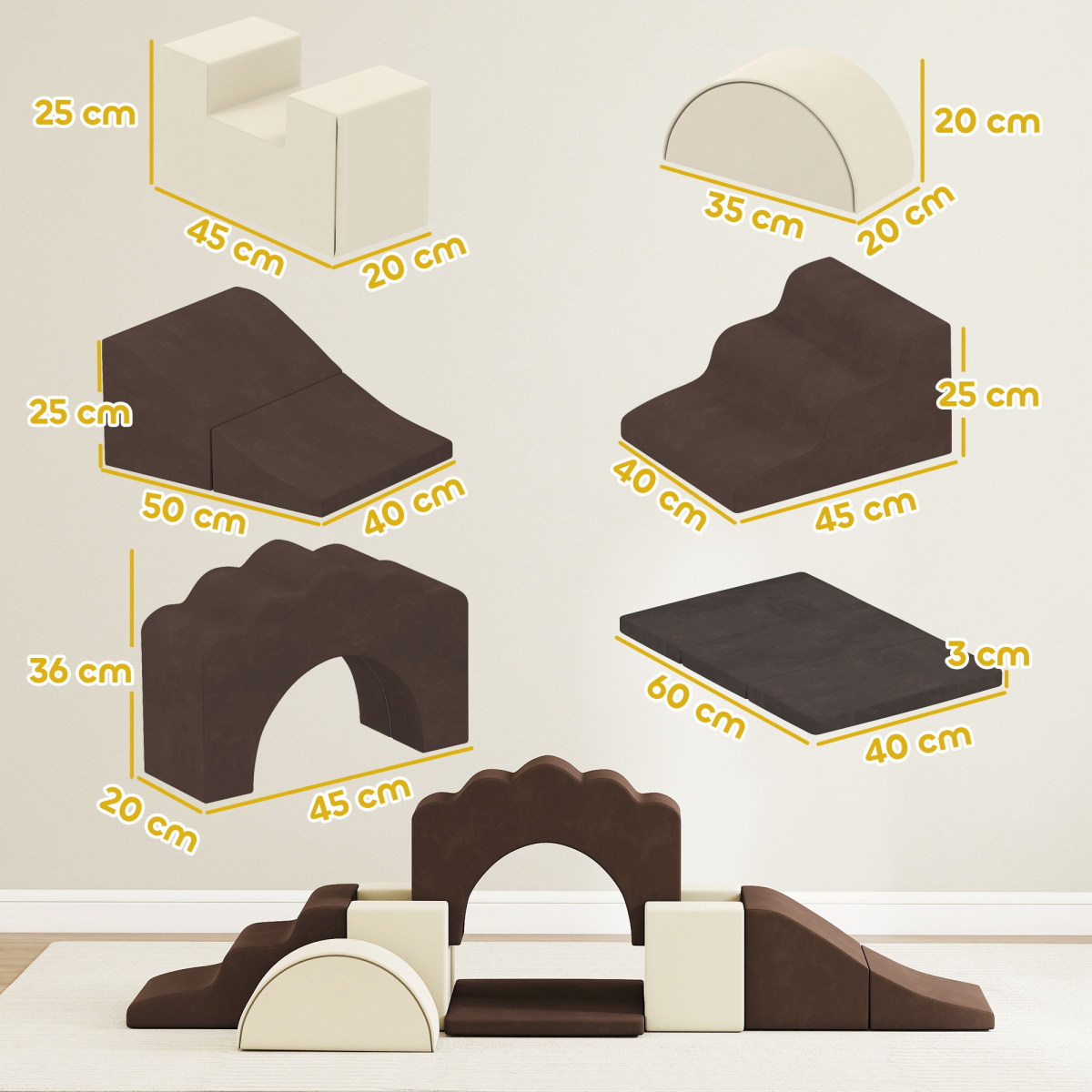 AIYAPLAY Kids Soft Play Set, 7 Piece Foam Climbing Blocks, Brown