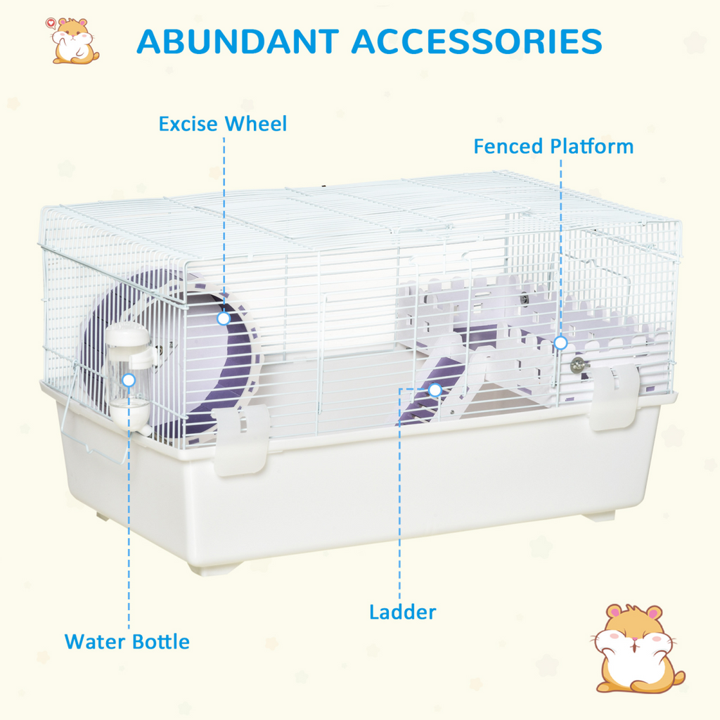 Two-Tier Hamster Cage Gerbil Haven w/Exercise Wheel, Water Bottle, Ladder, White