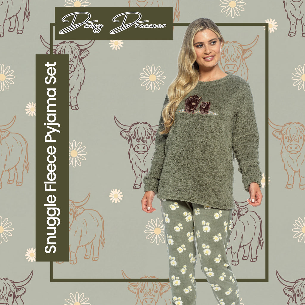 Daisy Dreamer Womens Highland Cow Print Cotton Jersey Pyjama Set Long Sleeve Lounge Wear