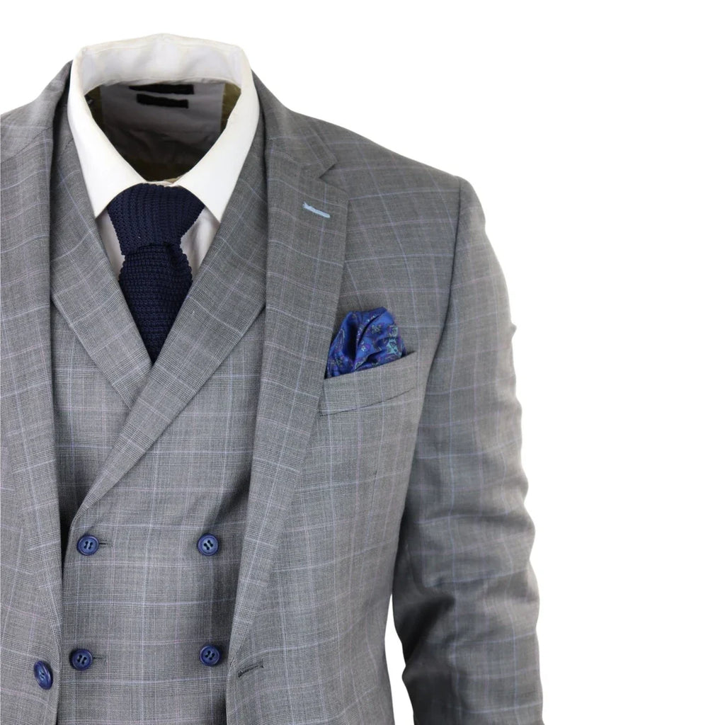 Men's Light Grey 3 Piece Suit Blue Check Double Breast Waistcoat Office Wedding Prom