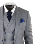 Men's Light Grey 3 Piece Suit Blue Check Double Breast Waistcoat Office Wedding Prom