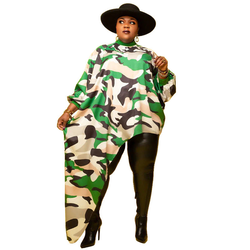 Women's Plus-Size Loose-Fit Printed Long-Sleeve Asymmetrical Dress
