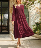Women's Solid-Color Pleated V-Neck Flowy Casual Dress