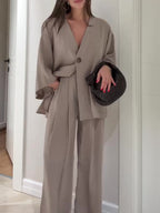 Solid Color Single Button Top And Pants Set