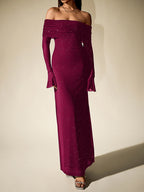 Black Off-Shoulder Maxi Dress With Glitter Detail And Mesh Sleeves