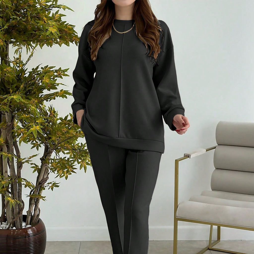 Women's Fashion Casual Solid-Color Crew-Neck Top And Pants Two-Piece Set