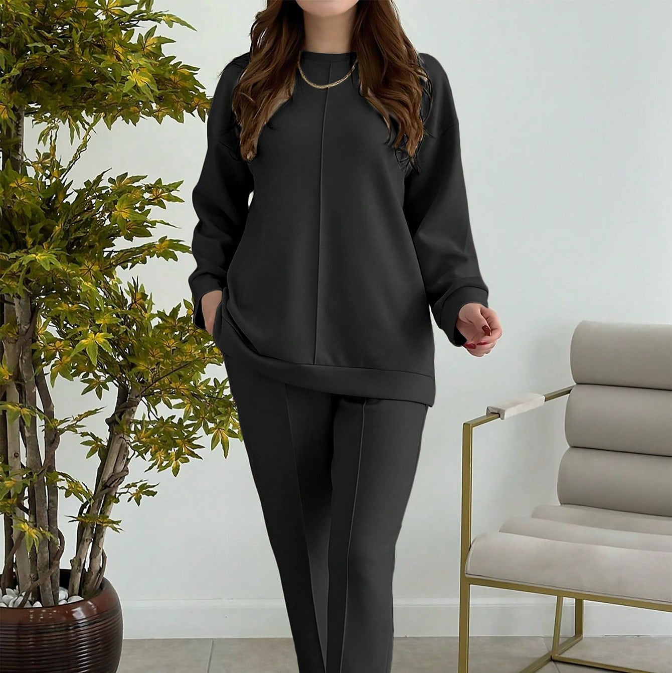 Women's Fashion Casual Solid-Color Crew-Neck Top And Pants Two-Piece Set