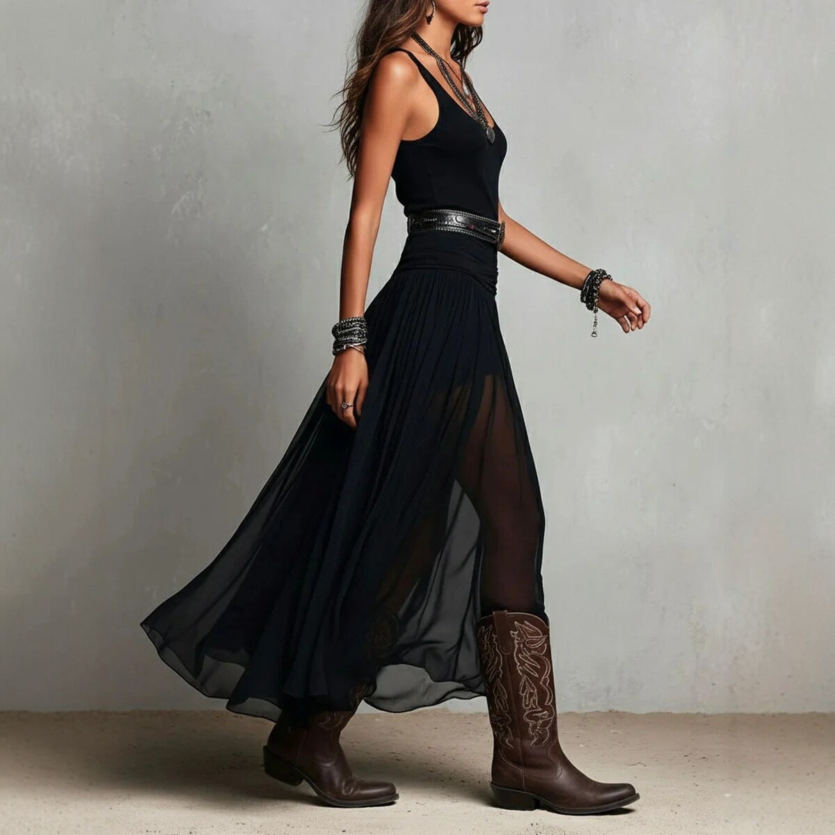 European And American-style Black Strap Long Dress