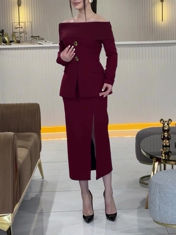 Burgundy Bateau Collar Top & Slit Skirt Suit