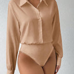 New Button Front Long Sleeve Jumpsuit Elegant Solid Color