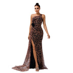 One-shoulder Diagonal Collar Leopard Sequined Evening Dress
