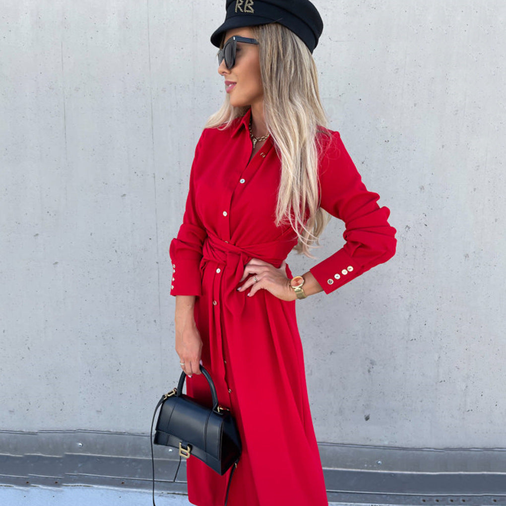 Women's Clothing Autumn And Winter Color Cardigan Long Sleeve Big Hem Dress