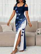 Women's Fashion Color-Block Butterfly Print Off-the-Shoulder Slit Maxi Dress