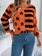 Women Casual Star Stripe Lantern Sleeve Long Sleeve Pullover Sweater