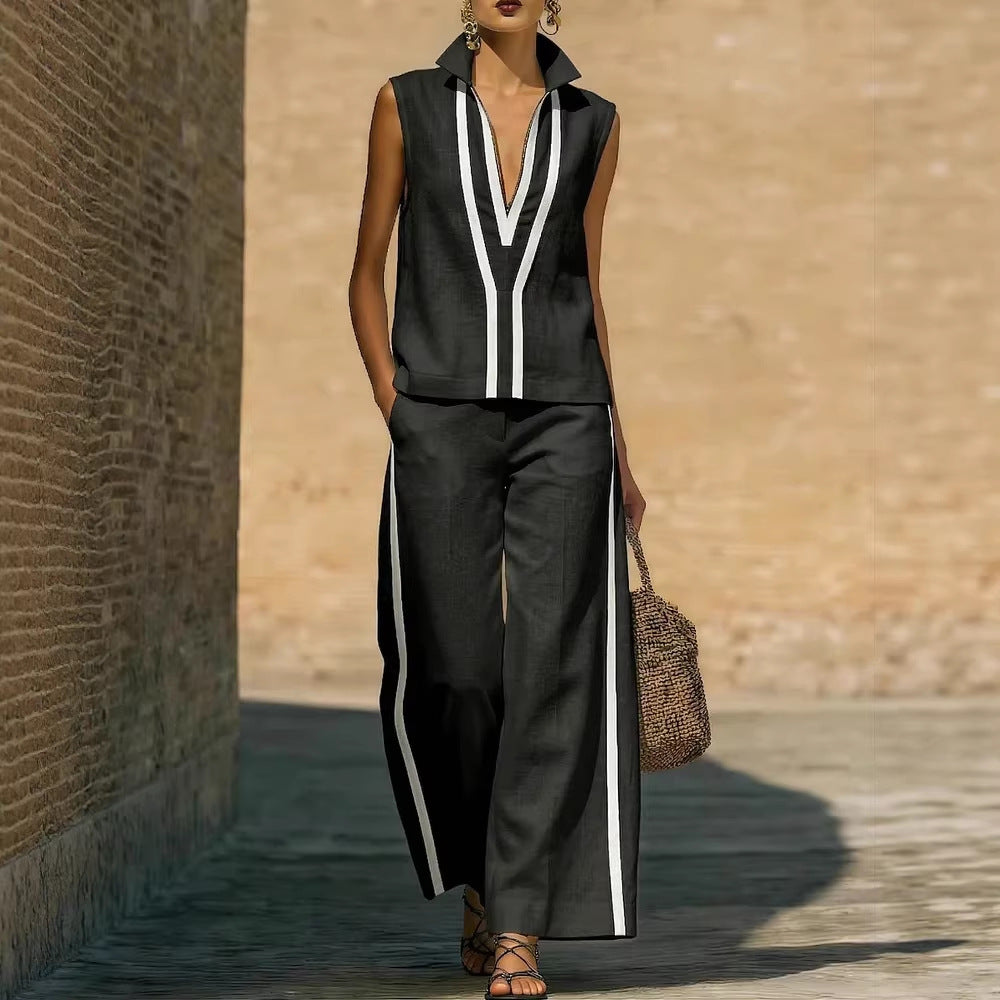 Womens Contrasting-Color Sleeveless Single-Breasted Vest And Drawstring Pants Set