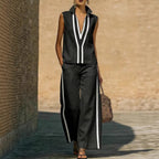 Womens Contrasting-Color Sleeveless Single-Breasted Vest And Drawstring Pants Set