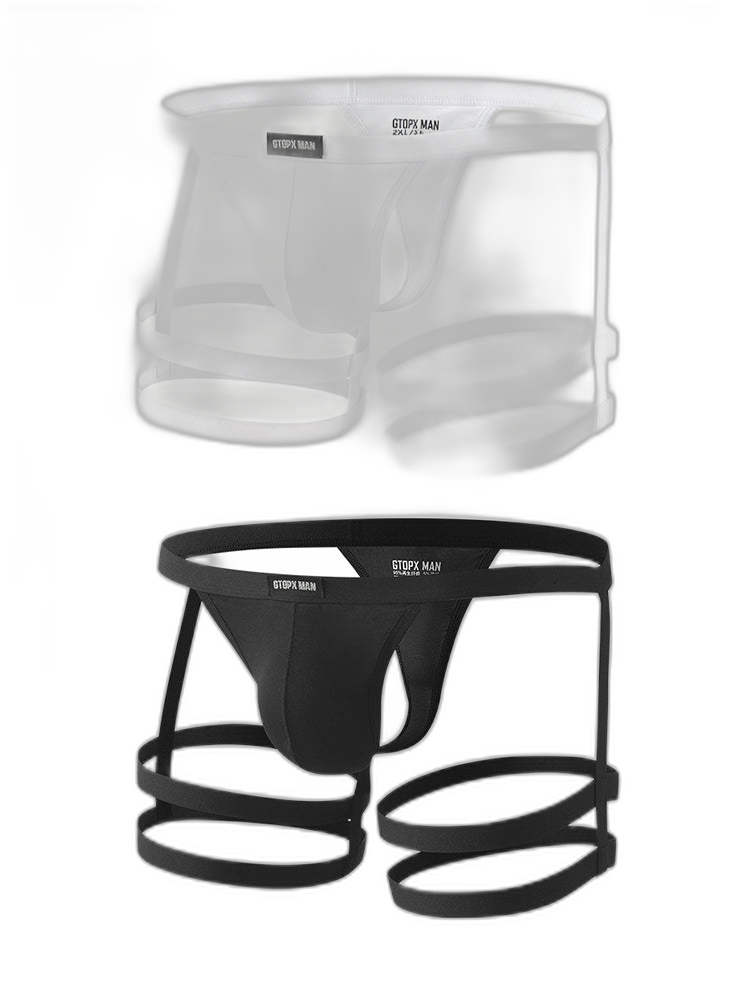 2 Pack Men's Low-Rise Sexy Thong with U-Pouch and Fixed Thigh Straps