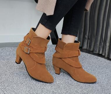 Women's Suede Ankle Boots | High Heel Martin Boots with Buckle & Side Zip