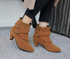 Women's Suede Ankle Boots | High Heel Martin Boots with Buckle & Side Zip