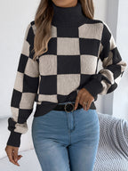 Women's High Neck Color-Blocked Plaid Lantern Sleeve Sweater