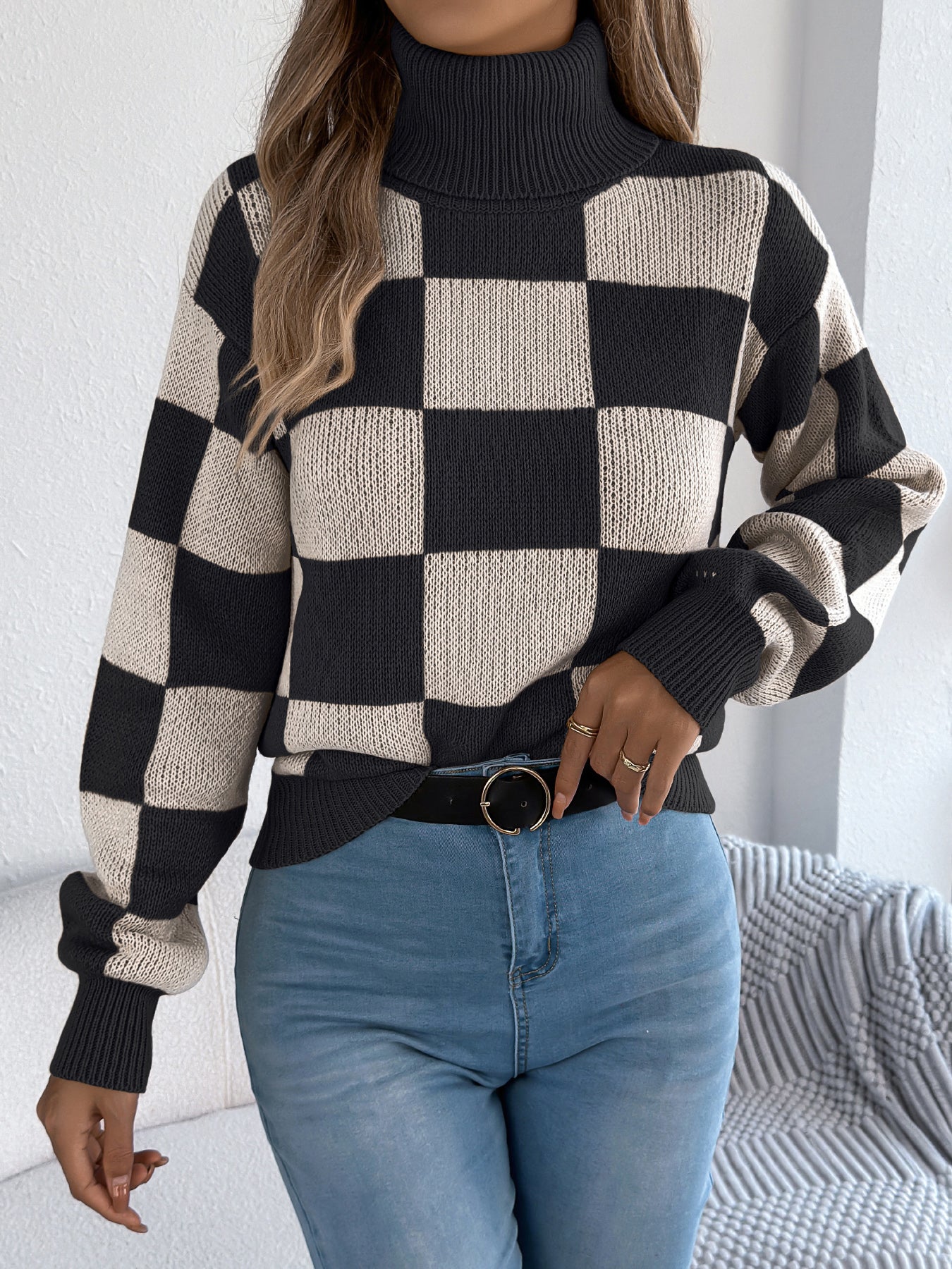 Women's High Neck Color-Blocked Plaid Lantern Sleeve Sweater