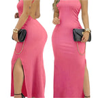 Solid Elegant Spaghetti Strap Sleeveless Backless Maxi Dress