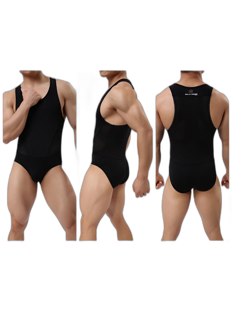 Mens Sexy Sheer Mesh Wrestling Bodysuit