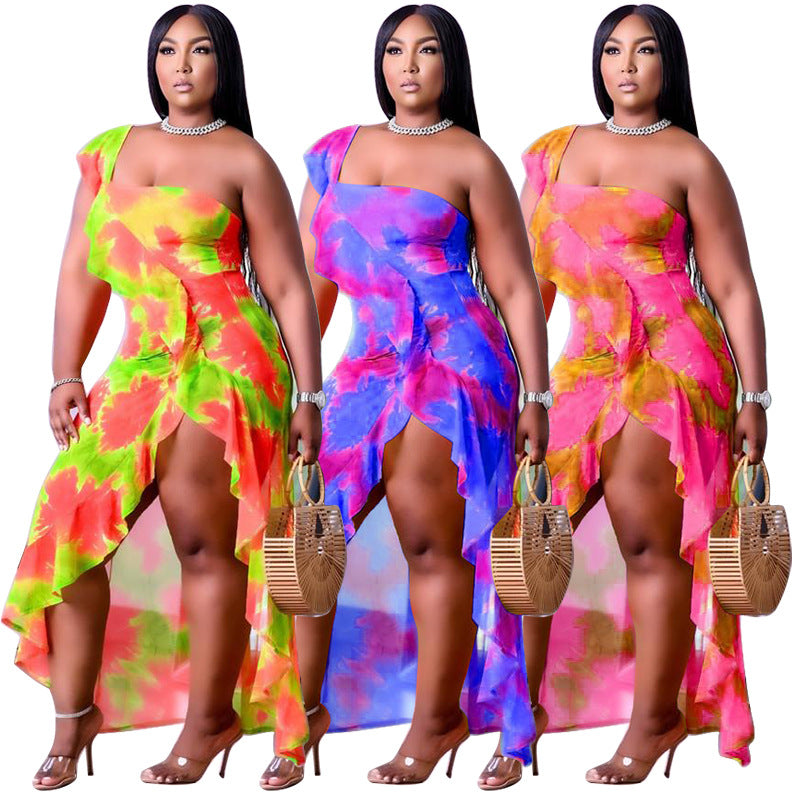 Women's Summer New Arrival One-Shoulder Irregular Printed Ruffle Hem Plus-Size Dress