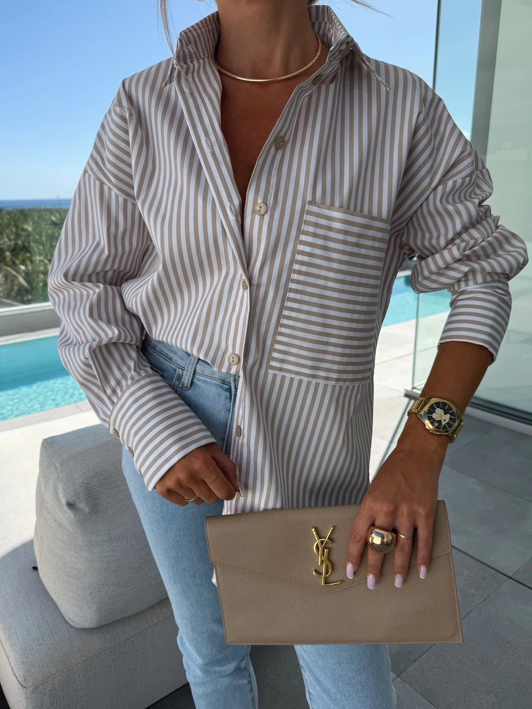 Spring Summer Long Sleeve Lapel Shirt Striped Print Lapel Shirt With Irregular Hem Button Placket Casual Loose Women's Blouses