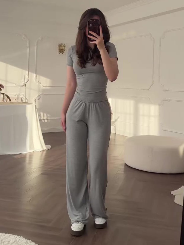 Casual Grey Short-sleeved Top & Wide-leg Pants Suit