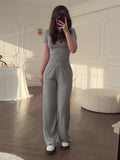 Casual Grey Short-sleeved Top & Wide-leg Pants Suit