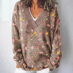Floral Pattern Printed V-neck Long Sleeve Casual Sweatshirt