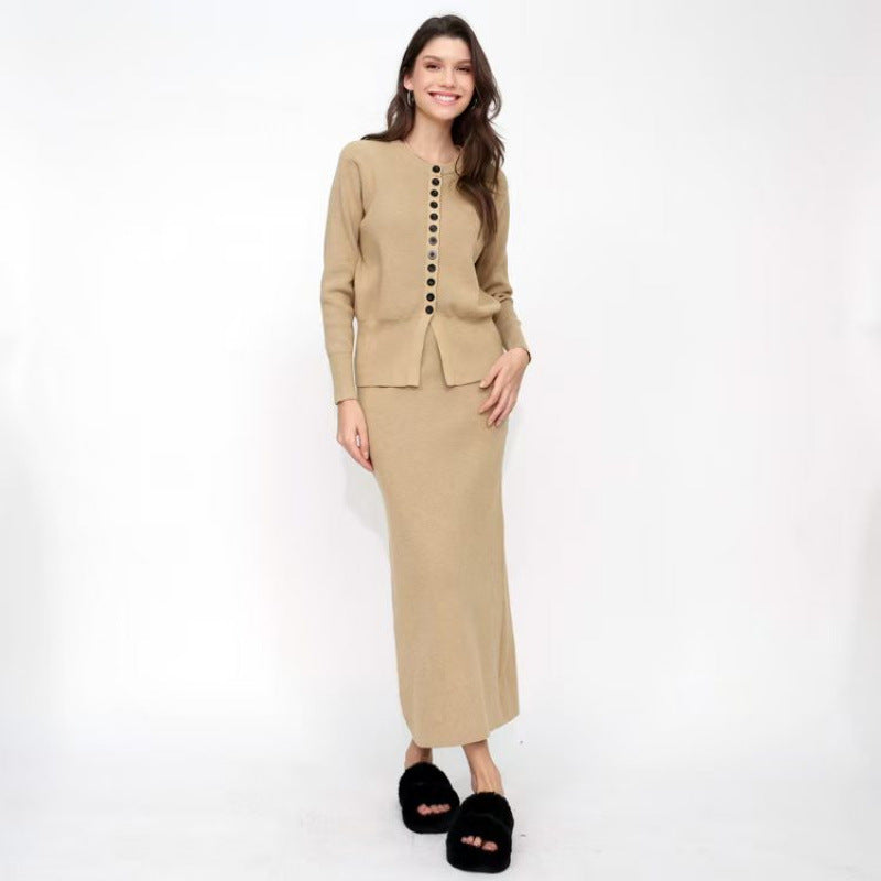 Women's Solid-color Casual Cardigan And Skirt Setsoft And Gentle All-in-one Outfit