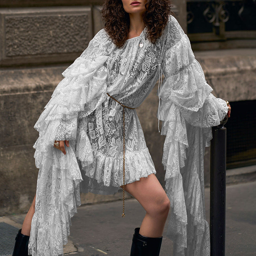 New Autumnwinter Lace Sheer Ruffled Long-sleeve Cropped Dress