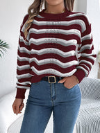 Women Casual Hollow Out Color Block Stripe Lantern Sleeve Pullover Sweater