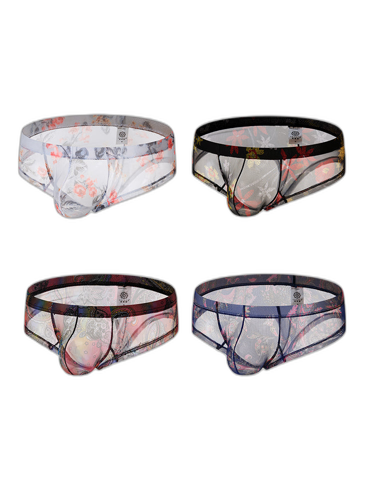 4-pack Men's Lace Print Sheer Mesh Bohemian Boxer Briefs