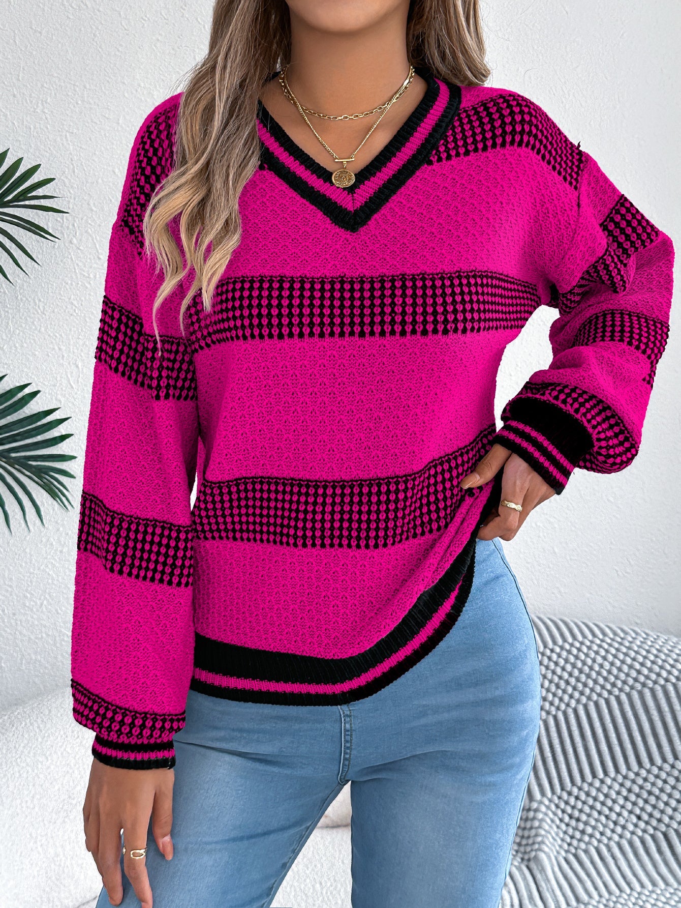 Women V-Neck Color Block Stripe Lantern Sleeve Pullover Sweater
