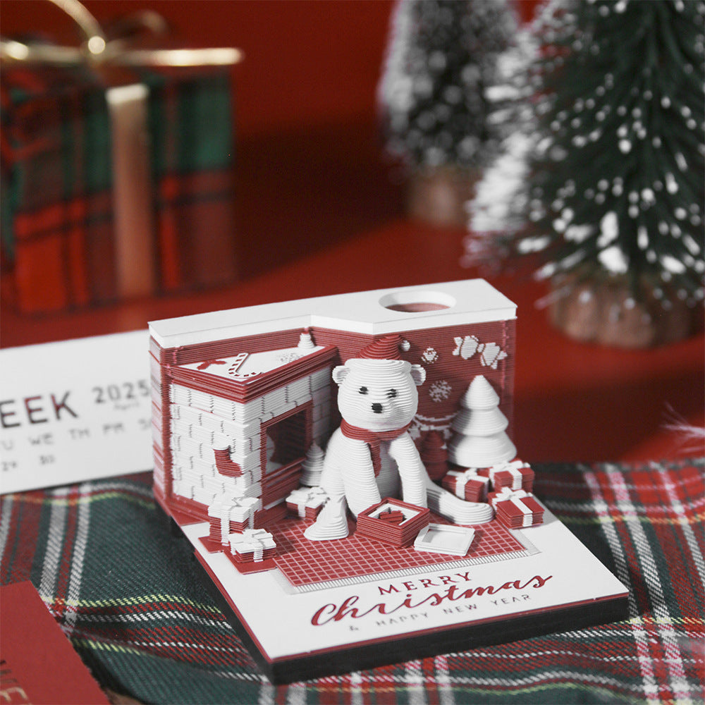 3D Paper Carving Art Notepad - Laser Engraved Christmas White Bear | 175-Layer Sculptural Memo Pad & Desk Decoration