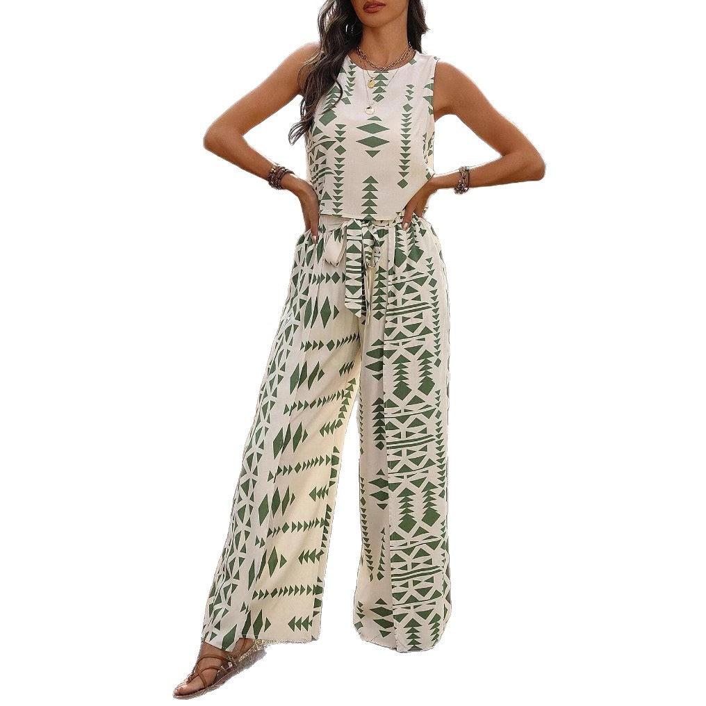 Women's Sleeveless Printed Pants Fashionable Two-Piece Set