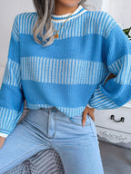 Women Casual Color Block Stripe Long Sleeve Knit Sweater