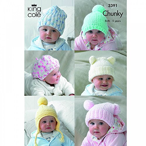 King Cole 6 Baby Hats Comfort Chunky Knitting Pattern 3391 by King Cole